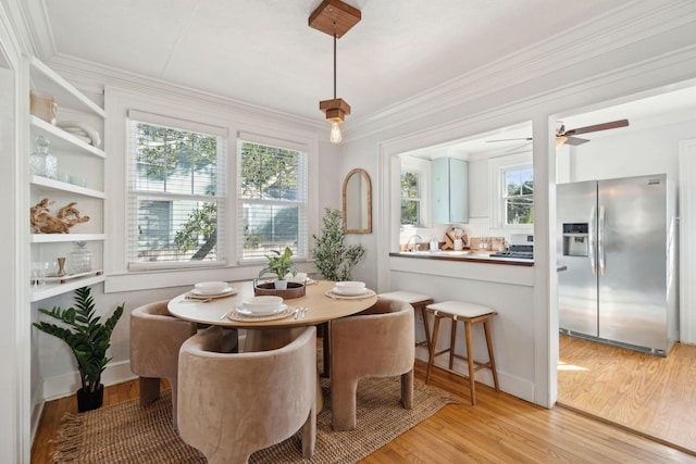 dining area featuring ceiling fan, a healthy amount of sunlight, light wood-type flooring, and crown molding