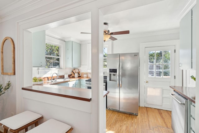 kitchen with light wood-type flooring, stainless steel appliances, crown molding, and sink