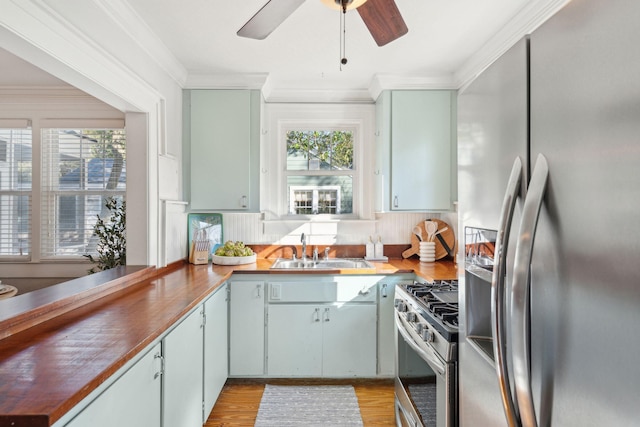 kitchen with a wealth of natural light, sink, ornamental molding, and appliances with stainless steel finishes