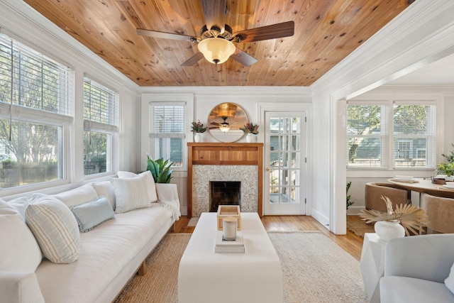 interior space featuring ceiling fan, a healthy amount of sunlight, and wooden ceiling