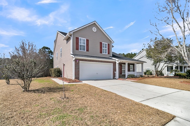 traditional home with a porch, a garage, brick siding, driveway, and a front lawn