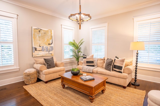 1566 Lindsey Creek Dr, Mount Pleasant, SC 29466 - living room featuring a chandelier, crown molding, baseboards, wood finished floors, and plenty of natural light