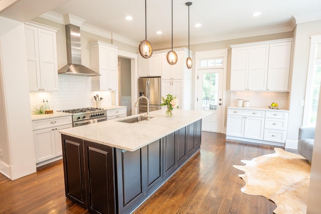 1566 Lindsey Creek Dr, Mount Pleasant, SC 29466 - kitchen featuring wall chimney exhaust hood, appliances with stainless steel finishes, a sink, white cabinets, and ornamental molding