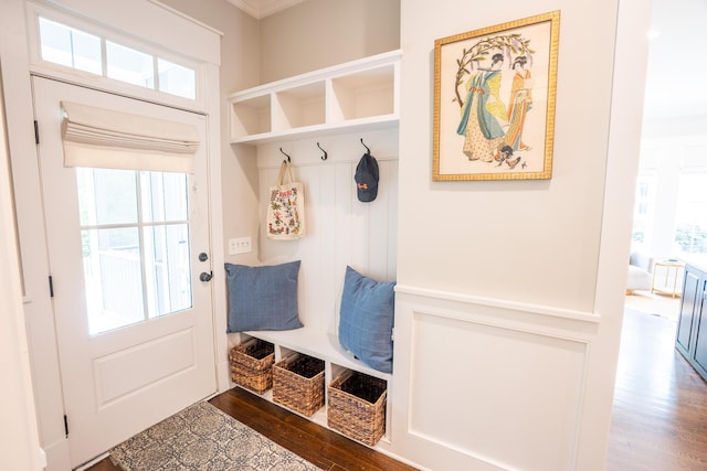 1566 Lindsey Creek Dr, Mount Pleasant, SC 29466 - mudroom featuring wood finished floors and ornamental molding