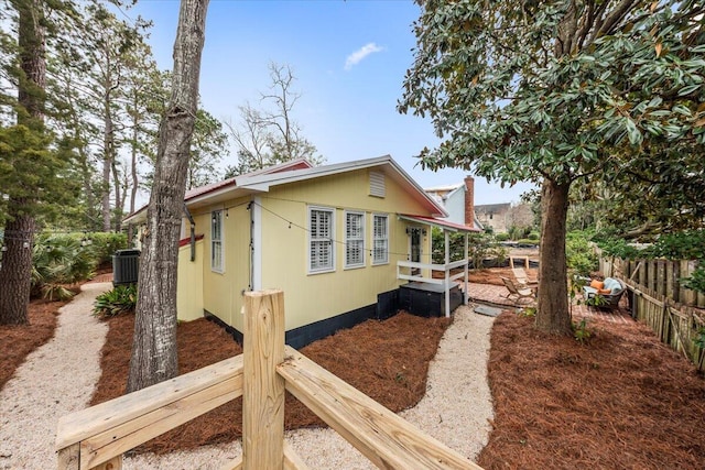 view of side of property featuring fence and central air condition unit