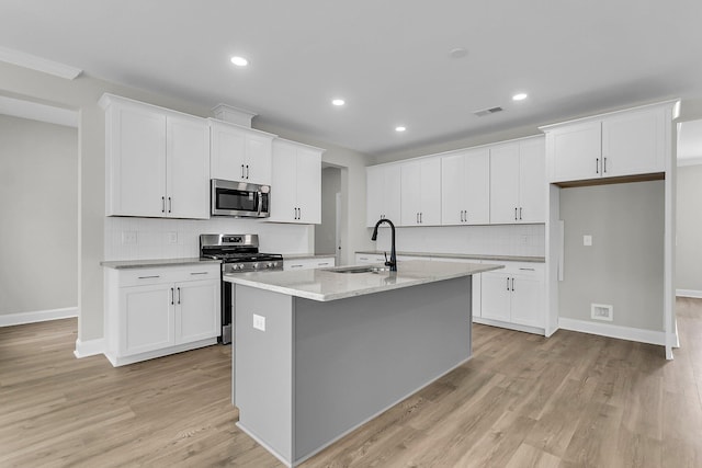 kitchen featuring appliances with stainless steel finishes, a sink, decorative backsplash, a center island with sink, and white cabinetry