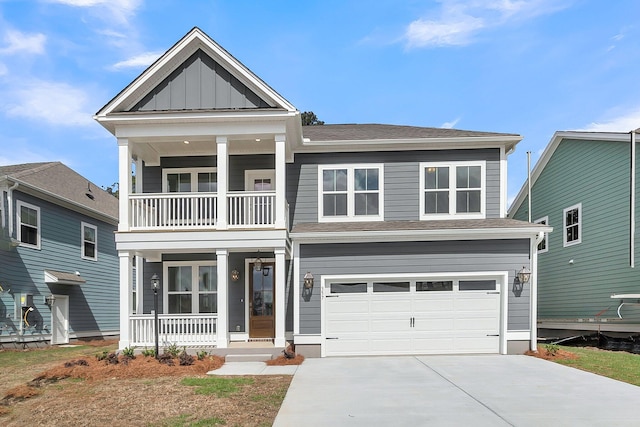 view of front of home featuring a balcony, covered porch, driveway, a garage, and board and batten siding