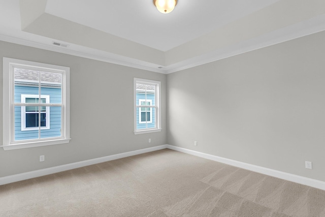 spare room with a tray ceiling, light colored carpet, baseboards, and crown molding