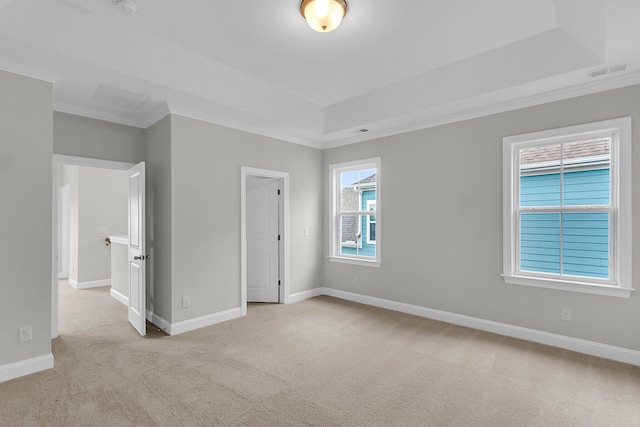 unfurnished bedroom with carpet floors, a tray ceiling, and baseboards
