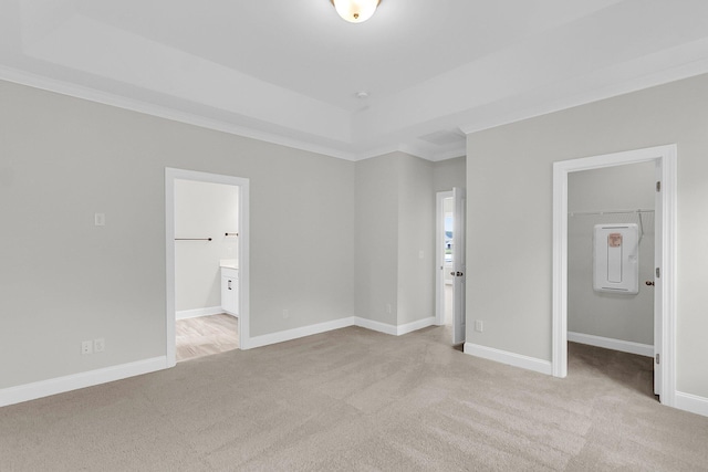 unfurnished bedroom with carpet flooring, a spacious closet, a raised ceiling, and ensuite bathroom