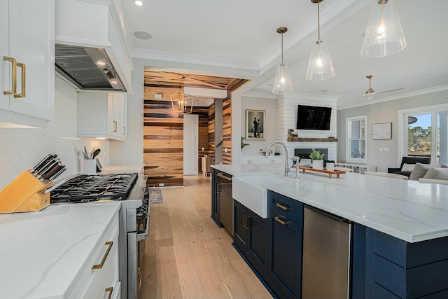 kitchen featuring high end stove, open floor plan, ornamental molding, custom exhaust hood, and a sink