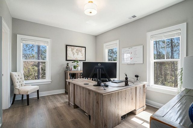 office space featuring visible vents, wood finished floors, and baseboards