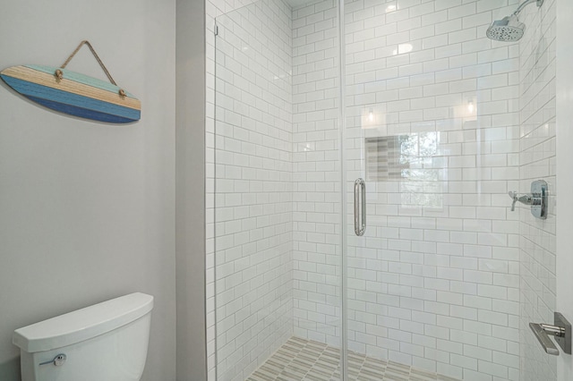 bathroom featuring toilet and a shower stall