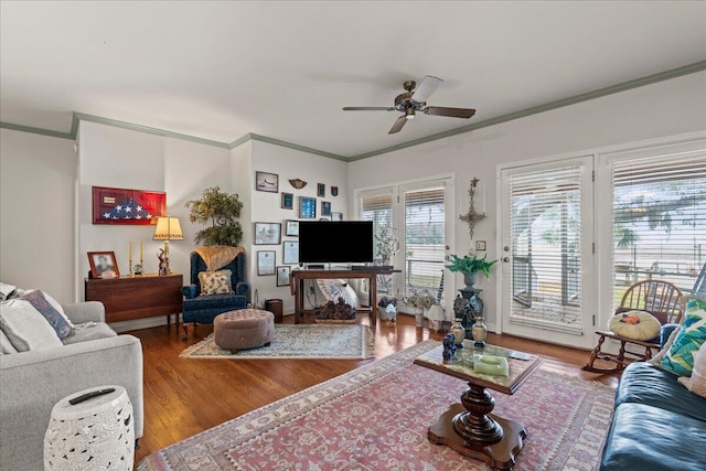 19 Cameroon Dr, Beaufort, SC 29907 - living area with crown molding, a ceiling fan, and wood finished floors