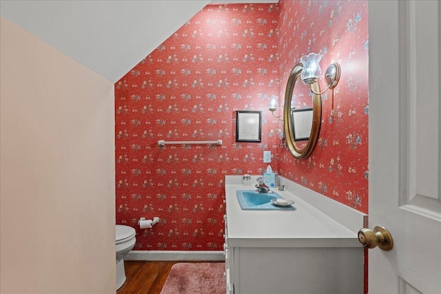 19 Cameroon Dr, Beaufort, SC 29907 - half bath with wallpapered walls, vanity, wood finished floors, and vaulted ceiling
