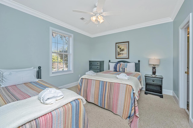 bedroom with ceiling fan and crown molding