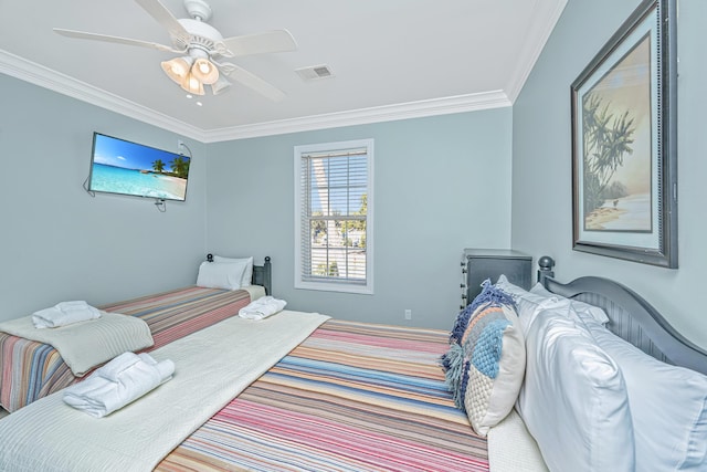 bedroom featuring ceiling fan and ornamental molding