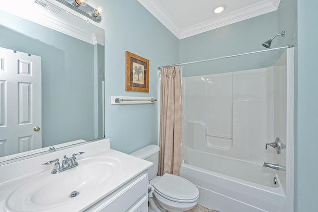 full bathroom with shower / bath combination with curtain, vanity, toilet, and ornamental molding