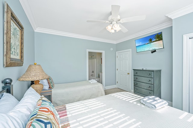 carpeted bedroom featuring connected bathroom, ceiling fan, and crown molding