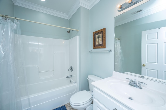 full bathroom with vanity, tile patterned floors, crown molding, toilet, and shower / bath combo with shower curtain