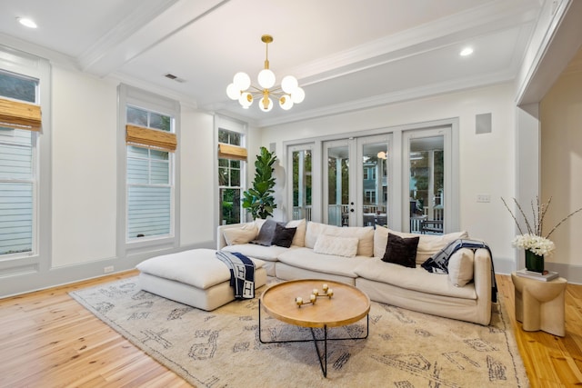 living room with wood finished floors, a chandelier, ornamental molding, beam ceiling, and recessed lighting