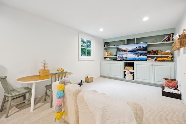 game room with light carpet, baseboards, and recessed lighting