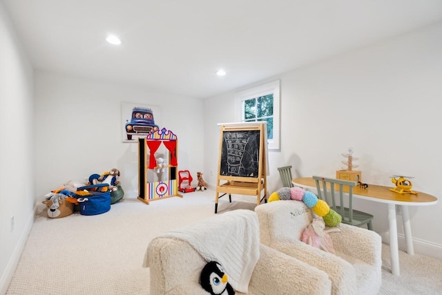 game room with carpet, baseboards, and recessed lighting