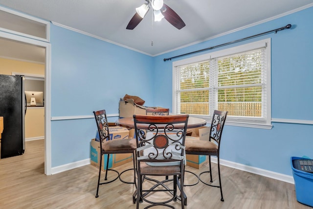 dining area featuring ceiling fan, light hardwood / wood-style floors, and ornamental molding