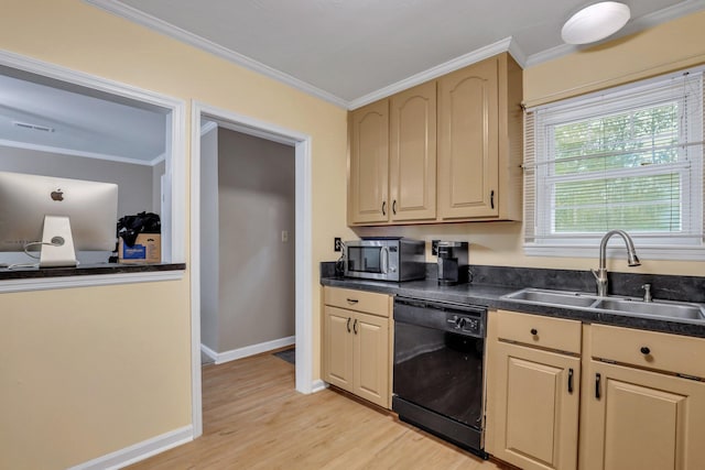 kitchen with black dishwasher, light hardwood / wood-style floors, ornamental molding, and sink