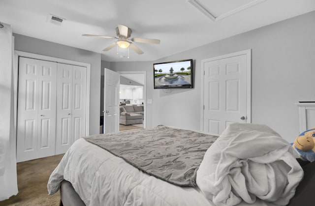 bedroom featuring ceiling fan and a closet