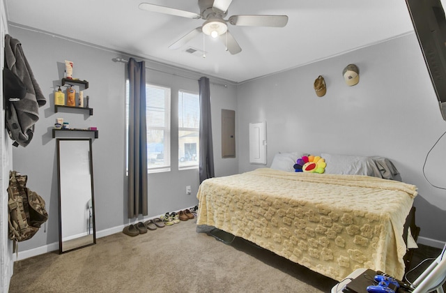 carpeted bedroom featuring ceiling fan and electric panel