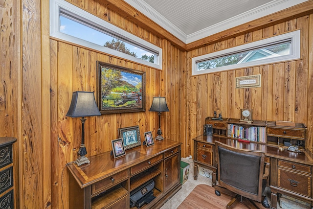 office featuring light colored carpet, crown molding, and wood walls