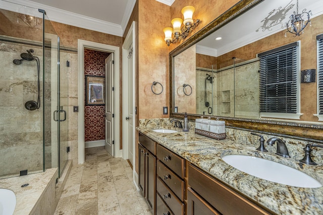 bathroom with vanity, crown molding, and plus walk in shower