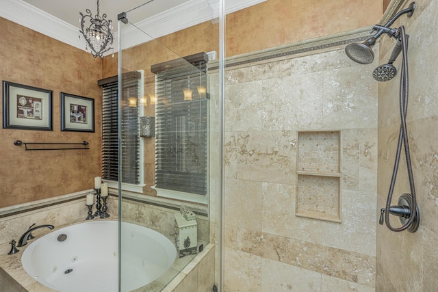 bathroom with crown molding and independent shower and bath