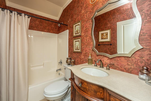 full bathroom featuring shower / bath combination with curtain, toilet, ornamental molding, and vanity