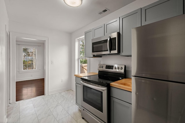 kitchen with wood counters, appliances with stainless steel finishes, and gray cabinetry