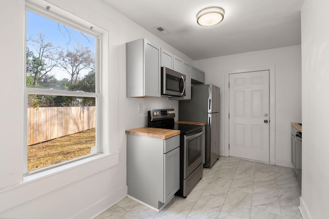 kitchen with appliances with stainless steel finishes, a wealth of natural light, and wooden counters