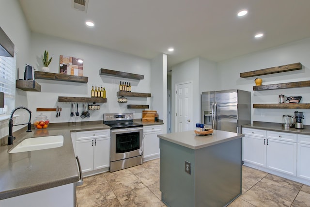 9682 Pebble Creek Blvd, Summerville, SC 29485 - kitchen featuring open shelves, appliances with stainless steel finishes, a sink, white cabinets, and recessed lighting