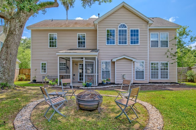 9682 Pebble Creek Blvd, Summerville, SC 29485 - back of property featuring a fire pit, a sunroom, and a shingled roof
