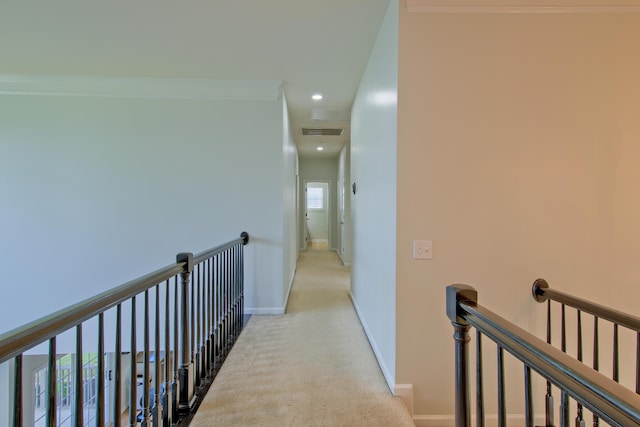 9682 Pebble Creek Blvd, Summerville, SC 29485 - hall featuring an upstairs landing, carpet floors, baseboards, ornamental molding, and recessed lighting
