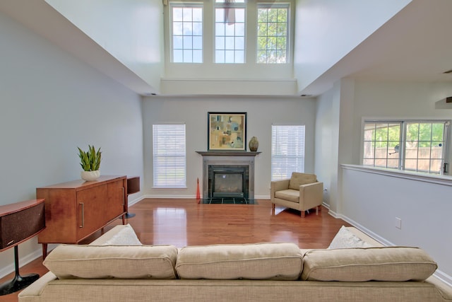 9682 Pebble Creek Blvd, Summerville, SC 29485 - living room featuring wood finished floors, a fireplace with flush hearth, a high ceiling, and baseboards