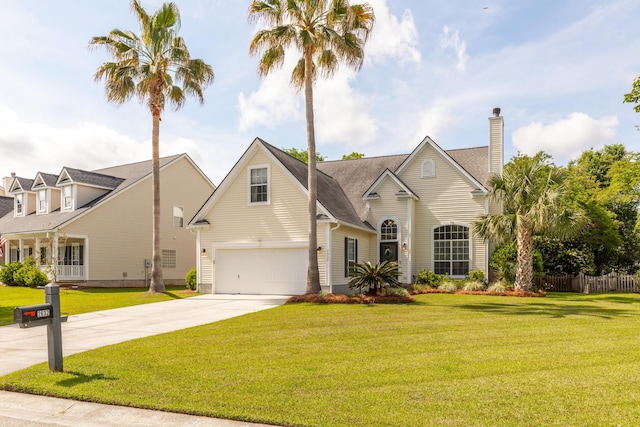 traditional home with fence, a garage, a front yard, a chimney, and driveway