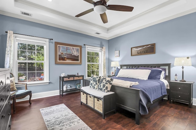 bedroom featuring a raised ceiling, ornamental molding, and multiple windows
