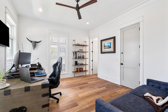 566 Wading Pl, Daniel Island, SC 29492 - office area featuring crown molding, a ceiling fan, healthy amount of natural light, light wood-style flooring, and recessed lighting