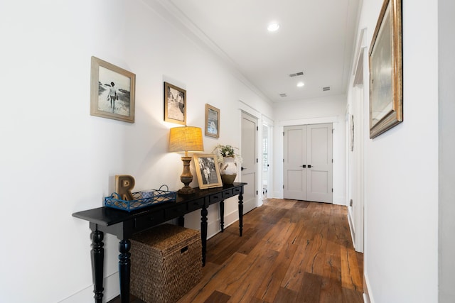 566 Wading Pl, Daniel Island, SC 29492 - hallway featuring hardwood / wood-style floors, recessed lighting, and ornamental molding