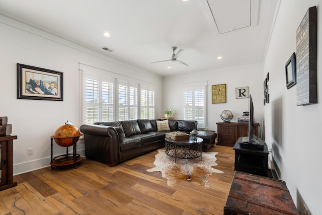 566 Wading Pl, Daniel Island, SC 29492 - living area featuring attic access, crown molding, a ceiling fan, hardwood / wood-style flooring, and recessed lighting