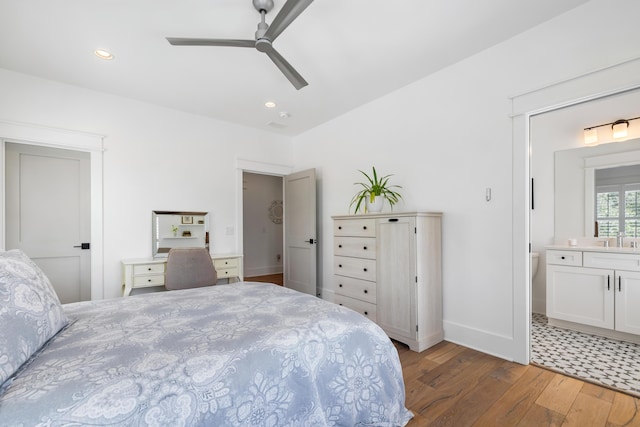 566 Wading Pl, Daniel Island, SC 29492 - bedroom featuring wood-type flooring, recessed lighting, ensuite bath, and a ceiling fan