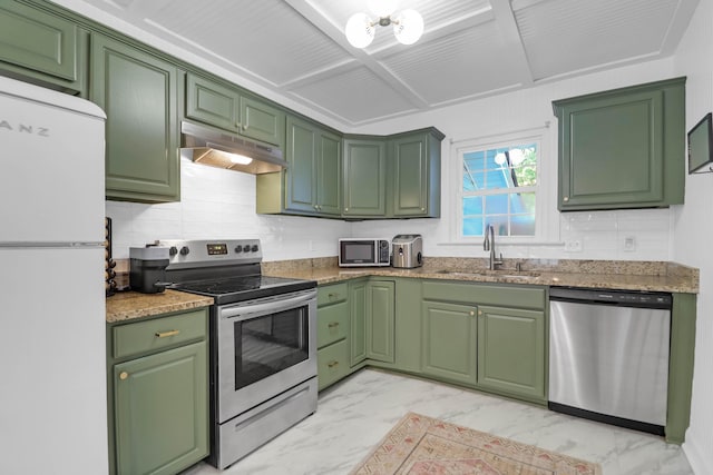 1159 Camden St, North Charleston, SC 29405 - kitchen featuring green cabinetry, stainless steel appliances, marble finish floor, and under cabinet range hood
