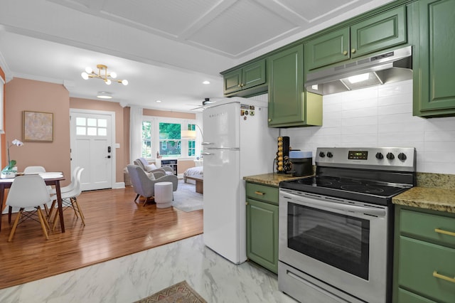 1159 Camden St, North Charleston, SC 29405 - kitchen featuring freestanding refrigerator, green cabinetry, under cabinet range hood, and stainless steel range with electric stovetop