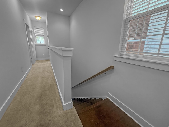 stairway featuring baseboards, carpet floors, and recessed lighting